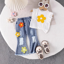跨境外贸新款女童夏季套装 飞袖花朵坑条上衣配破洞牛仔长裤两件