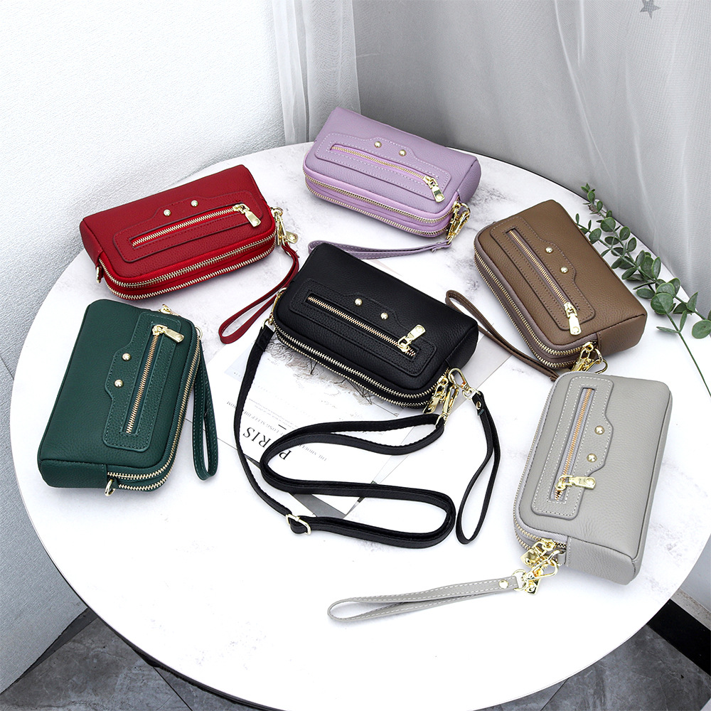 2026 New Motorcycle Style Women's Small Square Bag Top Grain Cowhide Double Zipper Crossbody Bag Multifunctional Clutch