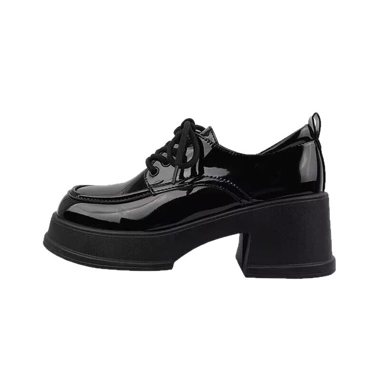 Zapatos de cuero negros de suela gruesa para mujeres de otoño aumentan la altura de los zapatos de tacón grueso de Mary Jane, muffins de cabeza redonda de talón alto y zapatos de pedal Lefour