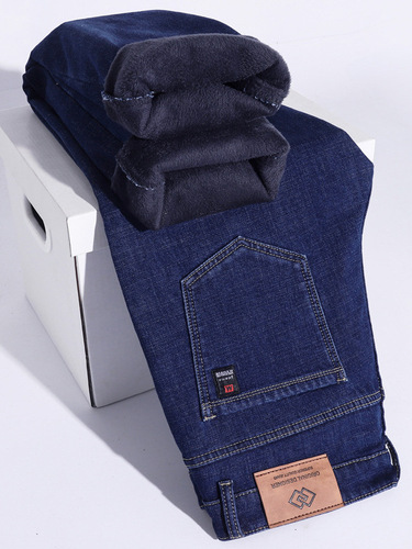 High-end lightweight luxury classic lined men's autumn and winter elastic business middle-aged casual warm thick straight-leg pants