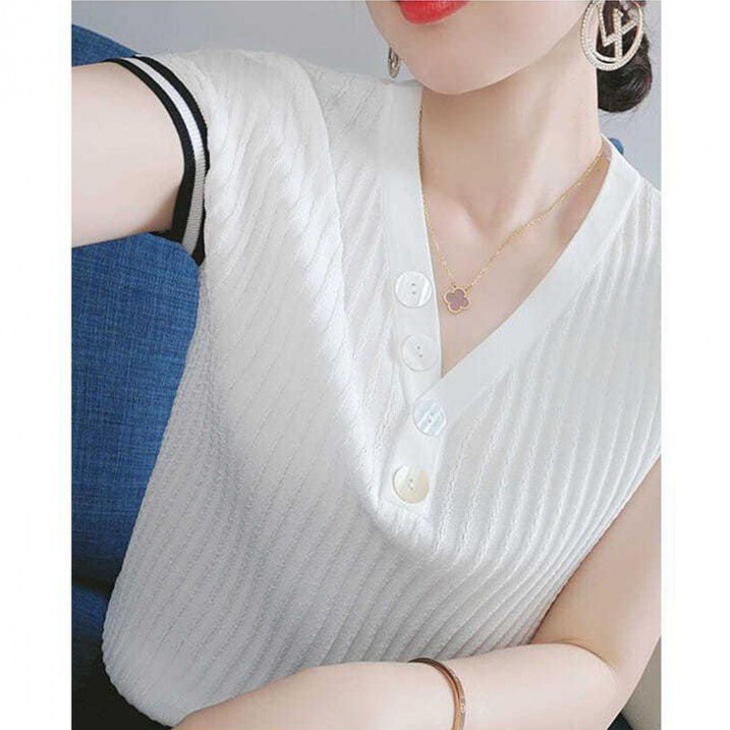 女性用ゆったりスリム半袖シャツ、夏の新作ニットアイスシルク、ファッショナブルで多用途なトップス、1枚あたり送料無料|undefined