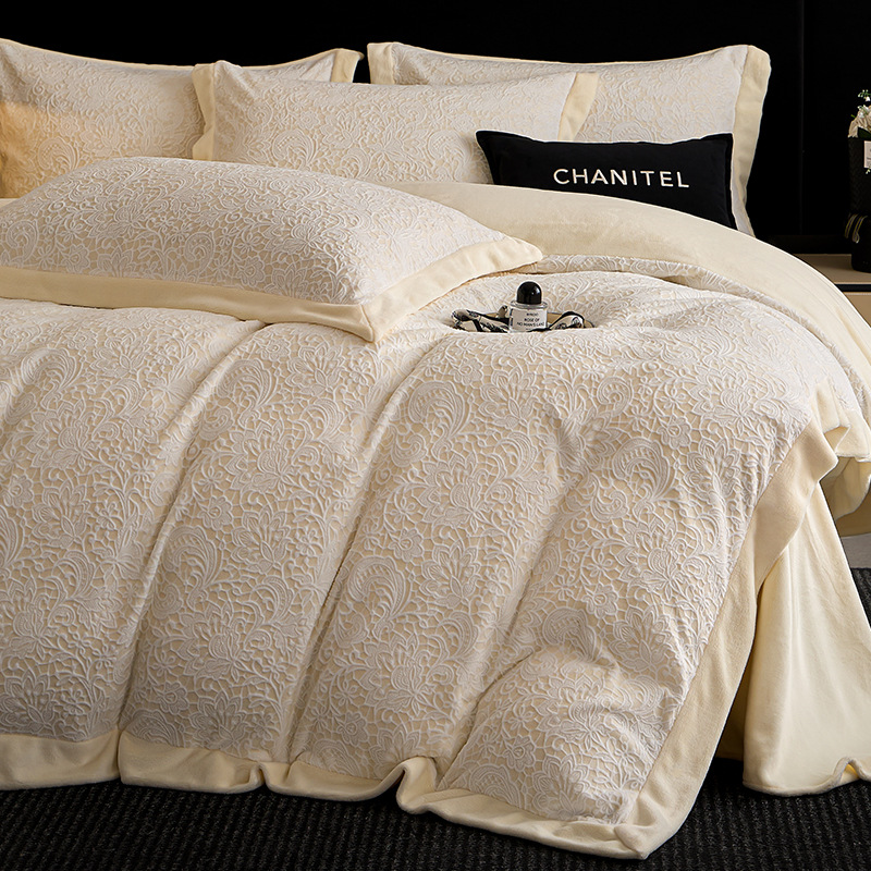 Espesado tallado de leche de lana de cuatro piezas de invierno de lana de doble cara sábanas de lana de coral cubierta de cama de franela