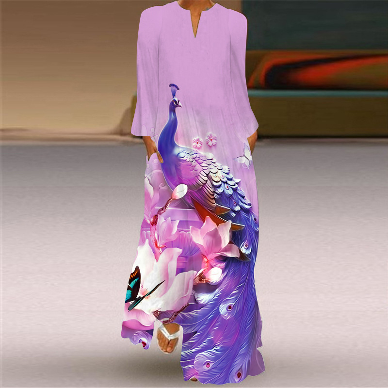2026 Spring and Autumn European Amazon Cross-Border New European and American Women's Fashion Printed Long-Sleeved Dress Small V-Neck Long Dress