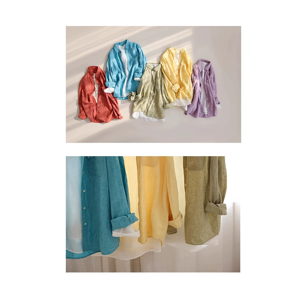 2025 Новый стиль льняного плетения яркие цветные полоски маленький отворот с длинными рукавами повседневная рубашка