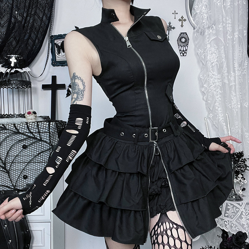 CF25043 New Arrival Dark Style Retro Zipper Vall Dress Gothic Personalized Street Punk dress Women CF25043 New Arrival Dark Style Retro Zipper Vall Dress Gothic Personalized Street Punk dress Women