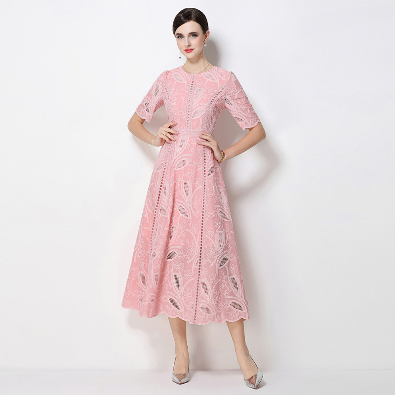 Đầm maxi nữ thắt eo cổ điển Pháp ren thêu họa tiết tay ngắn — màu đen, xanh nhạt, màu hồng, Xanh da trời nhạtcolor