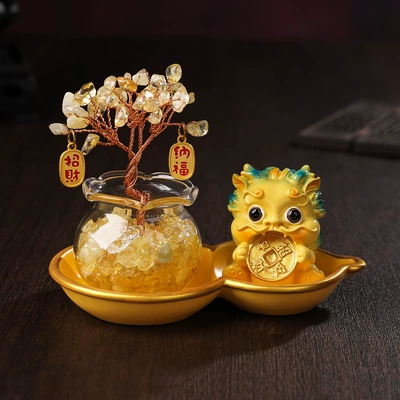 Pixiu Crystal Money Tree Set Car Ornament Creative Home Entryway Desktop Wealth-Attracting Decoration - Dropshipping Available (Car ornaments) - brass-coin-pixiu-citrine-tree-gourd-base