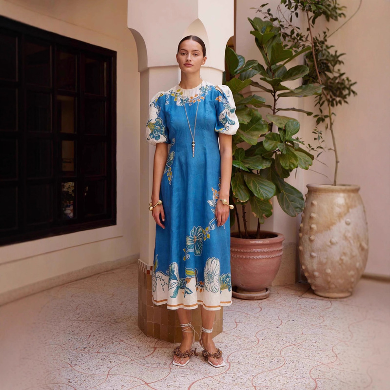 European and American Cross-Border 2025 Independent Station Aliexpress Personalized Flower Linen Lantern Sleeve Fashion Waist Round Neck Dress European and American Cross-Border 2025 Independent Station Aliexpress Personalized Flower Linen Lantern Sleeve Fashion Waist Round Neck Dress