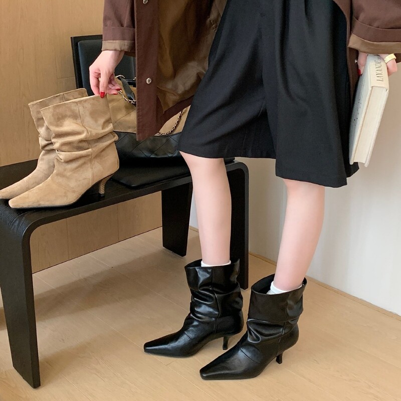 Pointed-toe ankle boots for women, new autumn and winter styles, mid-calf boots, short boots, slim-leg design, high heels, ankle-high boots