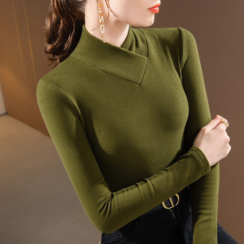Camiseta DeRong para mujer, estilo nuevo otoño-invierno 2024, top con cuello en V superpuesto, camiseta cálida de manga larga, cuello en V versátil.