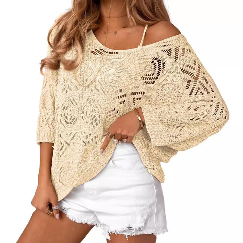 Amazon Cross-border European and American Foreign Trade 2025 Spring and Summer Crochet Hollow Seven-point Sleeve Pullover Sweater Shoulder T-shirt