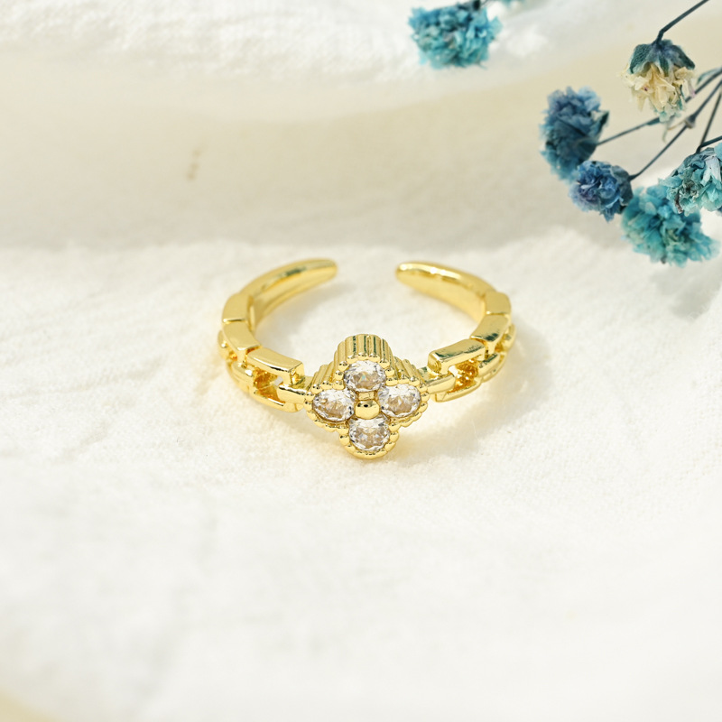 Fashion Four Leaf Clover Copper Open Ring Zircon Copper Rings