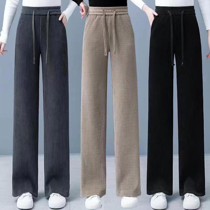 Chenille Wide-Leg Pants for Women, Popular Autumn and Winter 2025 New High-Waisted Loose Slimming Fleece-Lined Warm Straight-Leg Trousers