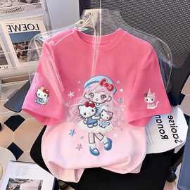 女童短袖T恤新款中大童夏季女孩纯棉渐变仿绣工艺儿童半袖上衣t恤