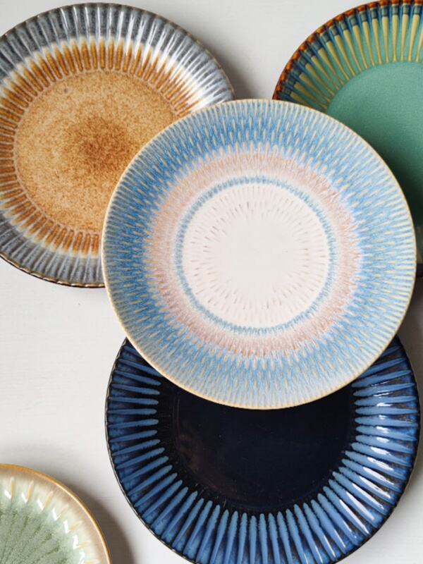 Retro Art Embossed Western Dinner Plate, Ceramic Dish Plate, Dessert Plate, Vertical Pattern Pasta Tableware, One-Person Food Set, Slight Flaws