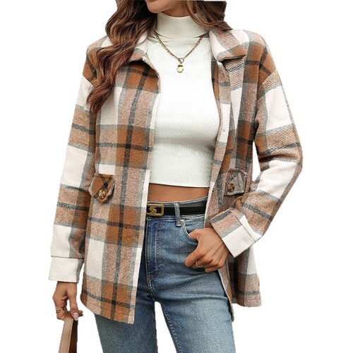 Fashionable and all-matching European and American women's coat autumn and winter red plaid thickened cardigan