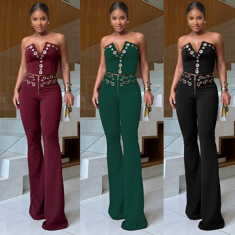 K3598 Elegant Slim Fit Stretch Eyelet Metal Buckle Decorated V-Neck Two-Piece Set K3598 Elegant Slim Fit Stretch Eyelet Metal Buckle Decorated V-Neck Two-Piece Set