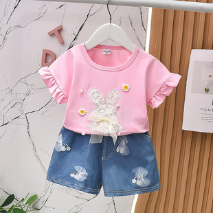 Children's clothing girls 2025 new summer female baby Korean cotton T-shirt small shirt Denim shorts suit sleeve two
