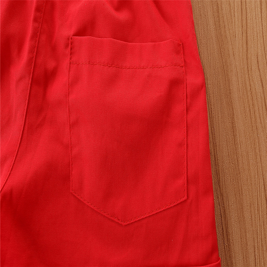 Terno infantil moderno, cor contrastante, camisa preta + macacão, calça vermelha, conjunto de 3 peças_voghion.com