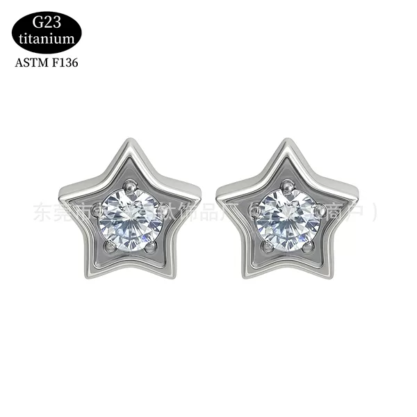 F136 Titanium Alloy Earrings Five-Pointed Star Inlaid with Zircon Ear Bone Nails Implant Grade G23 Titanium Alloy Body Piercing Jewelry