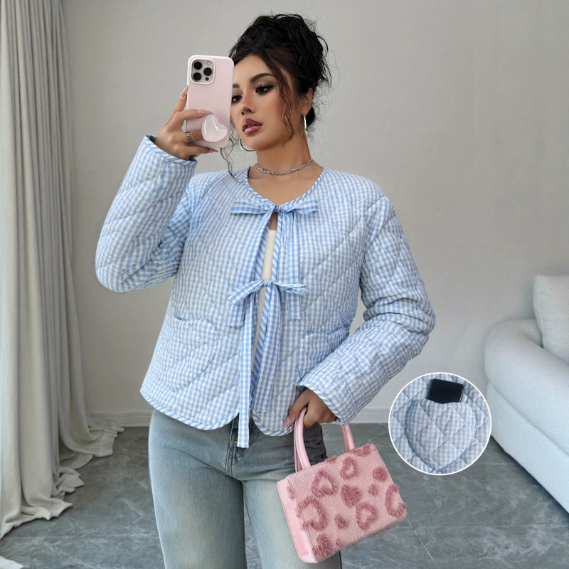 European and American Cross-Border Trendy Plaid Women's Winter Warm Cotton Coat with Lace-Up Design and Heart-Shaped Pockets