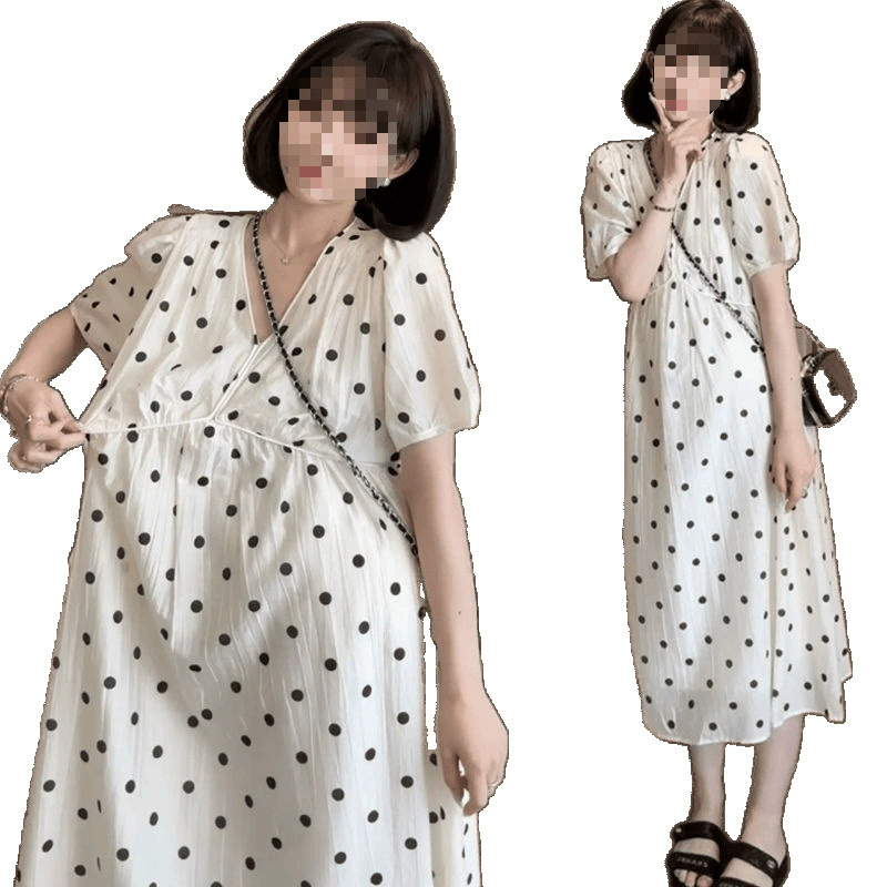 Платье для беременных, длинная юбка, плюс сайз, oversize, свободный покрой, французский стиль, V-образный вырез, puff рукава