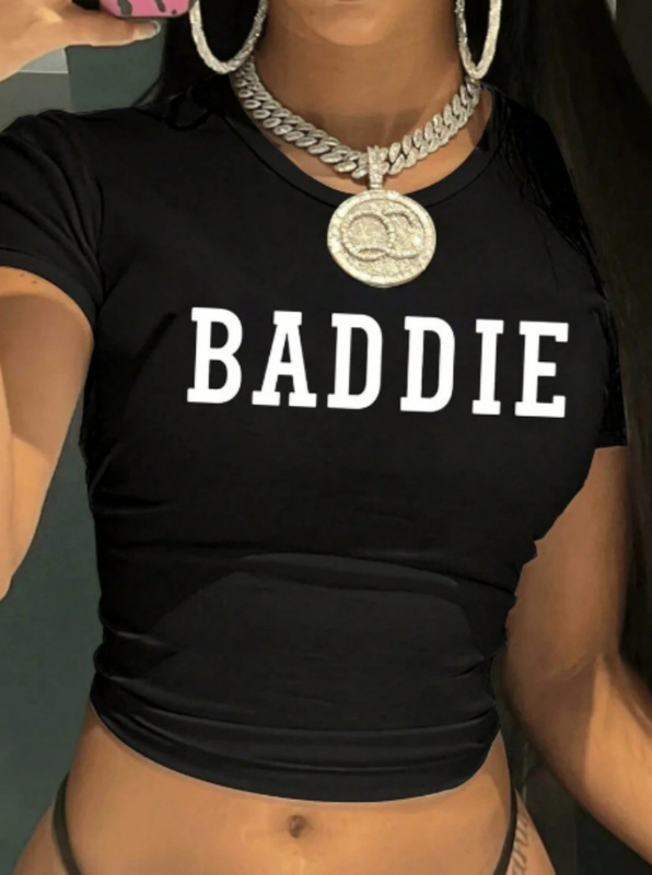 夏の欧米の越境ギャルのアルファベットのBADDIEのプリントの臍のtシャツは短い半袖を修理します。|undefined