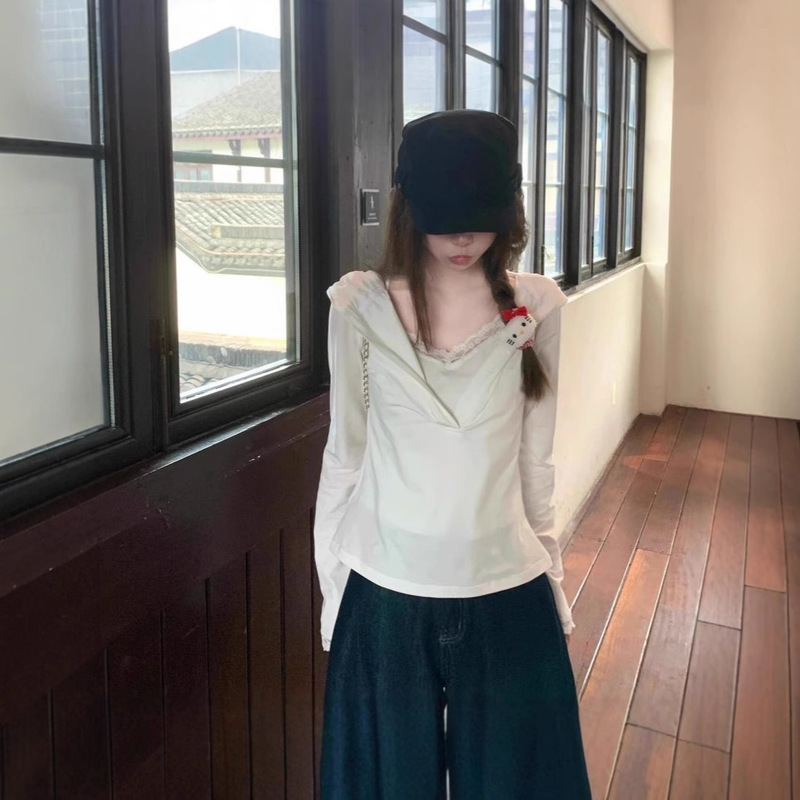 32-Count Pure Cotton Stretch 180g Slim Long-Sleeve Women's Early Autumn Design Lace Faux Two-Piece Hooded Top