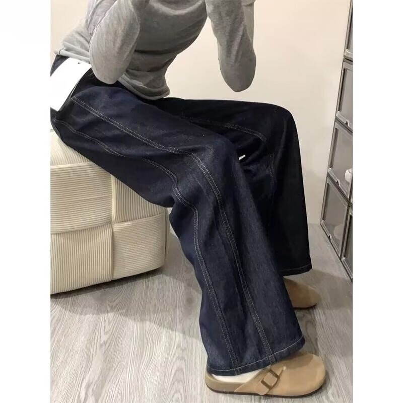 Hong Kong style trendy women's new 2026 autumn and winter dark blue personalized jeans hip-hop ins high street fashion long pants