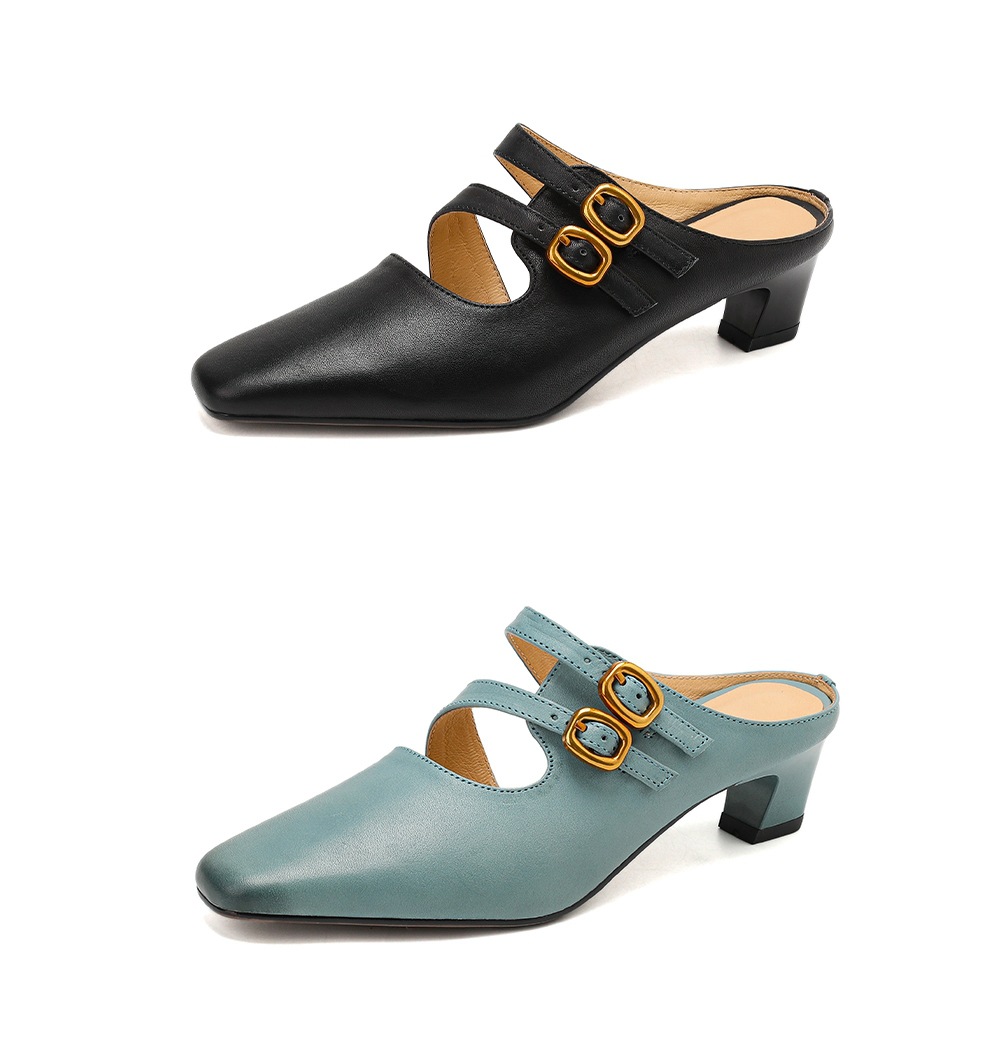 Sandal nữ quai ngang gót vuông ổn định, da bò thật, khóa sau, phong cách Muller — đen chi tiết 22