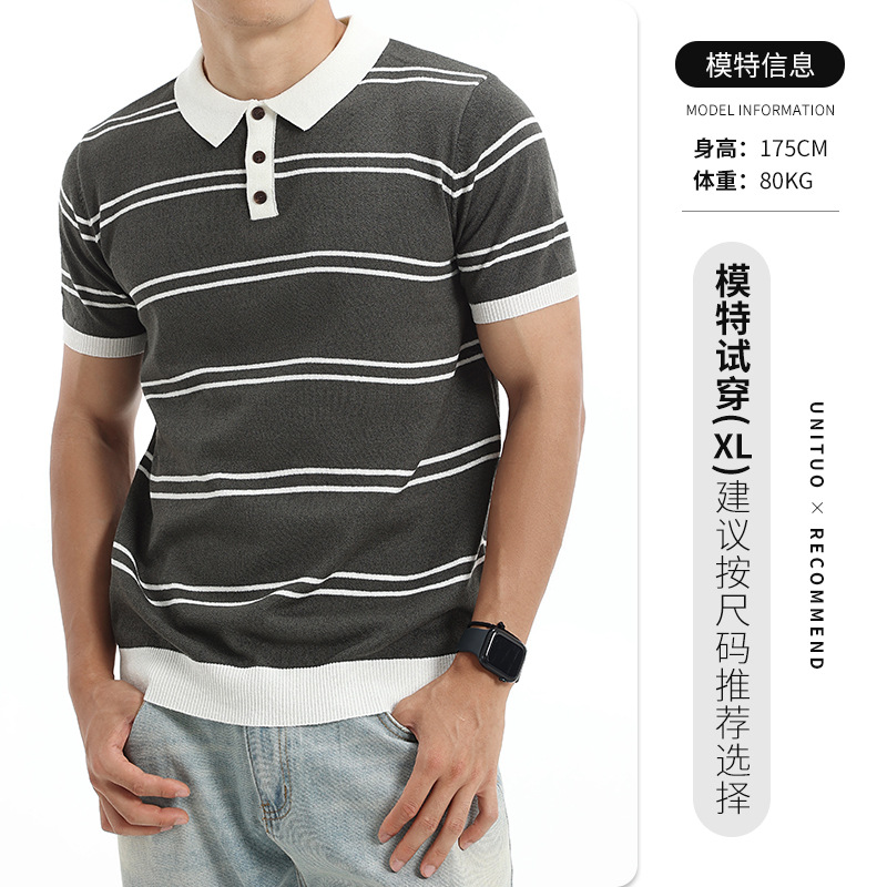 Verano para hombres con collar de contraste a rayas de hielo polo transpirable mangas cortas de negocios casual alta sensación de ropa de hombre image 10