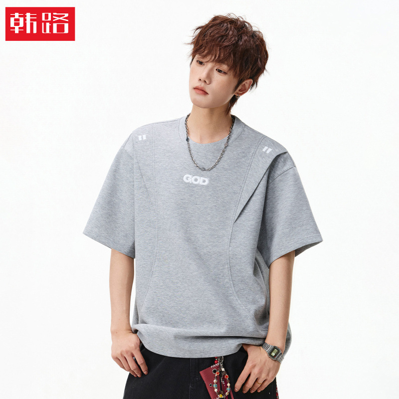 American-Style Color-Blocking 3D Embroidered Short-Sleeve T-Shirt for Men, Summer Edition, Shoulder Loose-Cut Design, Textured Loose Half-Sleeve Tee