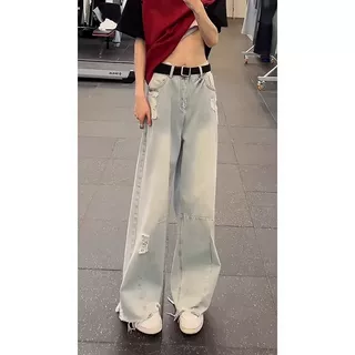 浅蓝色磨白破洞牛仔裤男款夏季美式痞帅高级感裤子毛边弯刀阔腿裤