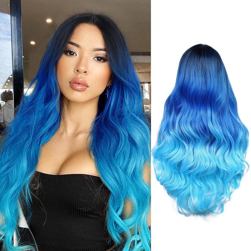 2025 New Cross-Border Women's Blue Long Wavy Wig Mixed Color Blue Body Wave Mermaid Wig