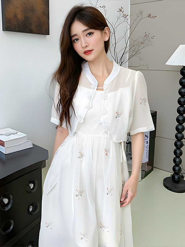 120-300 Plus Size Women's National Style Two-Piece Dress 2025 Spring and Summer New Han Dynasty Embroidered Flower Fake Collar