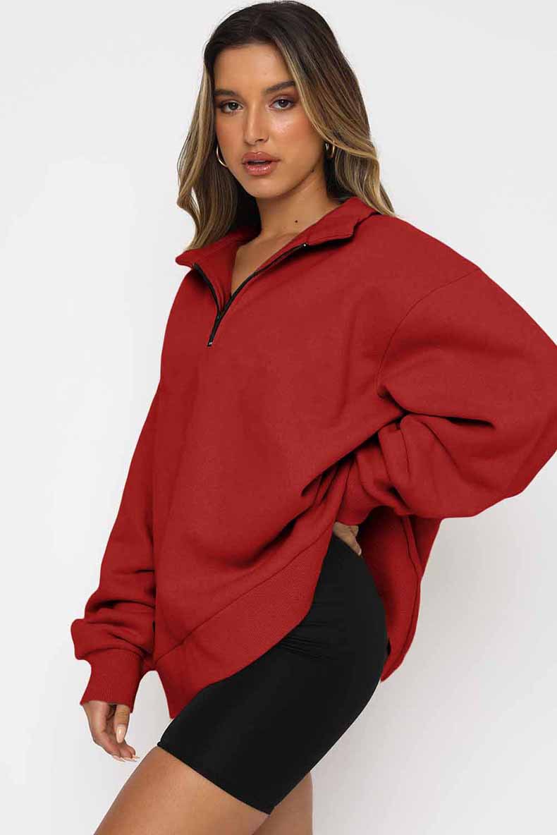 Zipper Collared Solid Color Loose Sweatshirt in Hoodies & Sweatshirts