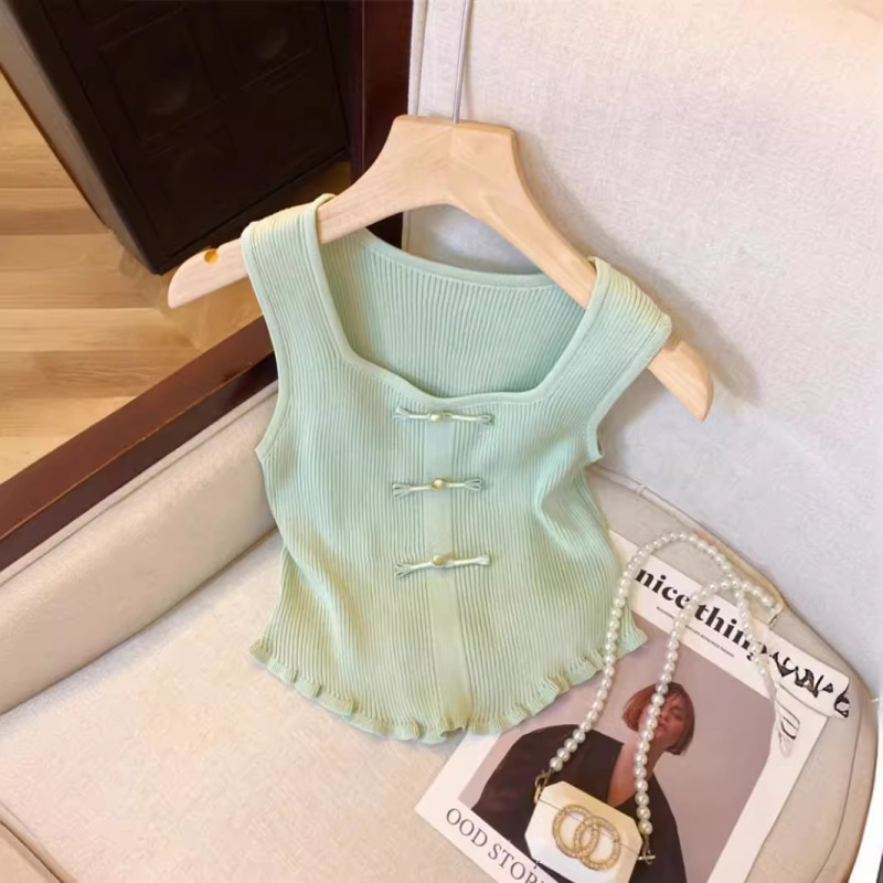 New Chinese Style National Style Beaded Buckle Knitted Vest Women's Summer Square Collar Wide Shoulder Strap Sleeveless Small Top Mint Mambo Style New Chinese Style National Style Beaded Buckle Knitted Vest Women's Summer Square Collar Wide Shoulder Strap Sleeveless Small Top Mint Mambo Style