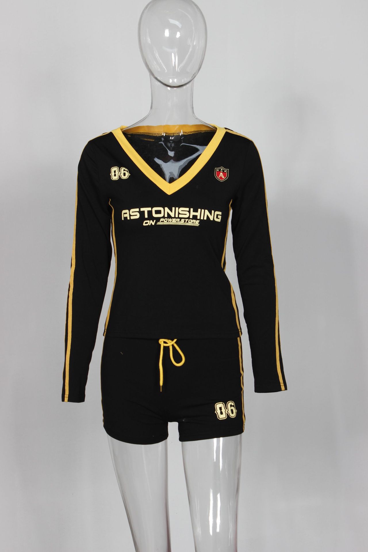 Fall Retro Contrast Color V neck Slim Fit Sexy Long Sleeve Top Drawstring Shorts Two Piece Sets