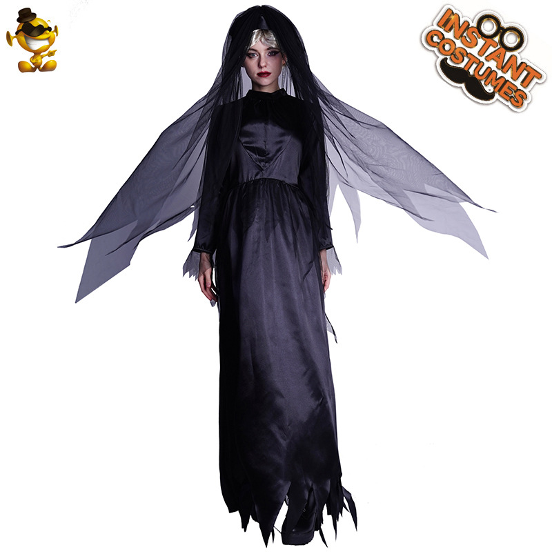 Bruja de Halloween traje fiesta Cosplay traje de escenario uniforme tentación negro gasa fantasma traje de la novia