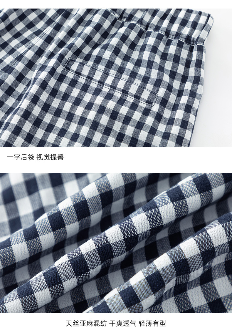 Quần culottes nữ ống rộng cạp cao kẻ sọc linen phong cách Hàn Quốc mùa hè — Caro xanh lam chi tiết 23