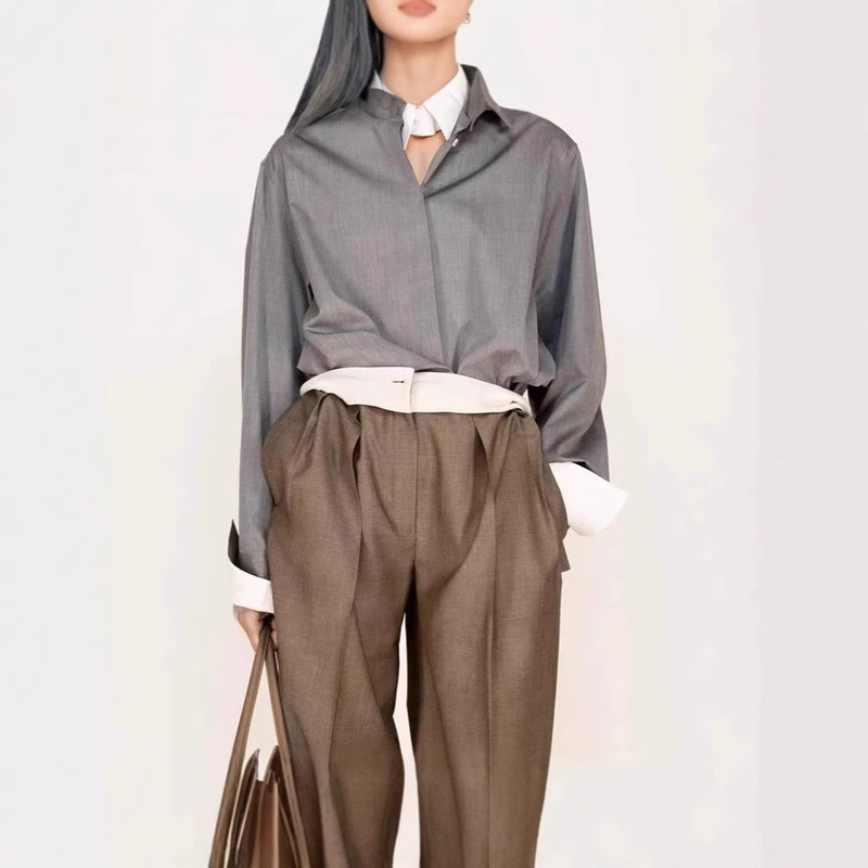 Fashionable Normcore Style Row New Elegant Commuter Wool Blended Shirt for Women + Waist Splicing Casual Pants