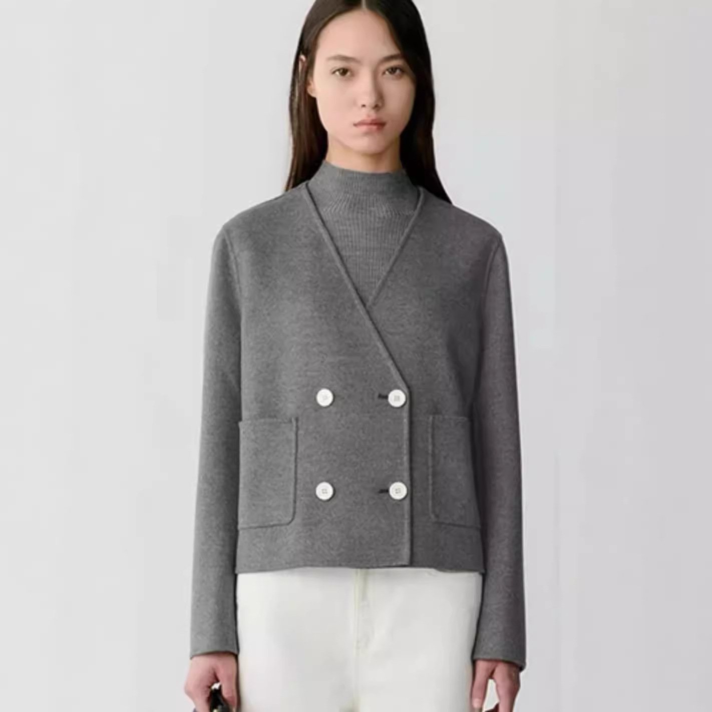 (2개) 대외 무역 오리지널 주문 가을과 겨울 새로운 여성 Z WO 양모 양면 울 V-NECK 더블 브레스트 쇼트 코트 캐주얼 재킷