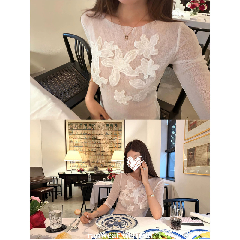 Ranwer'Flower Mist Whisper' French-Style Heavy-Duty Three-Dimensional Embroidery Floral Semi-Sheer Textured Mid-Sleeve Loose Fashionable Top