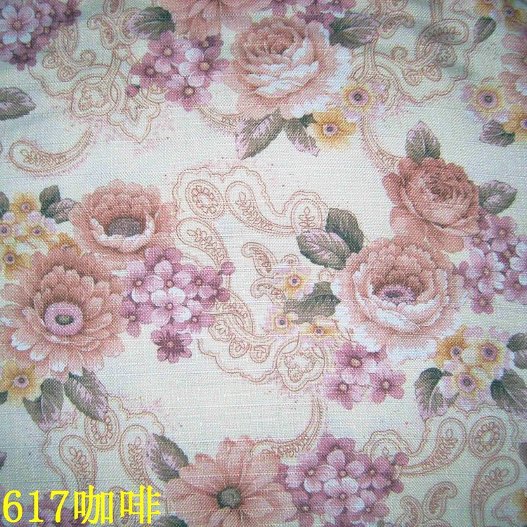 家居布料化妆椅梳妆台布料咖啡色腰果花型印花十字格竹麻印花布