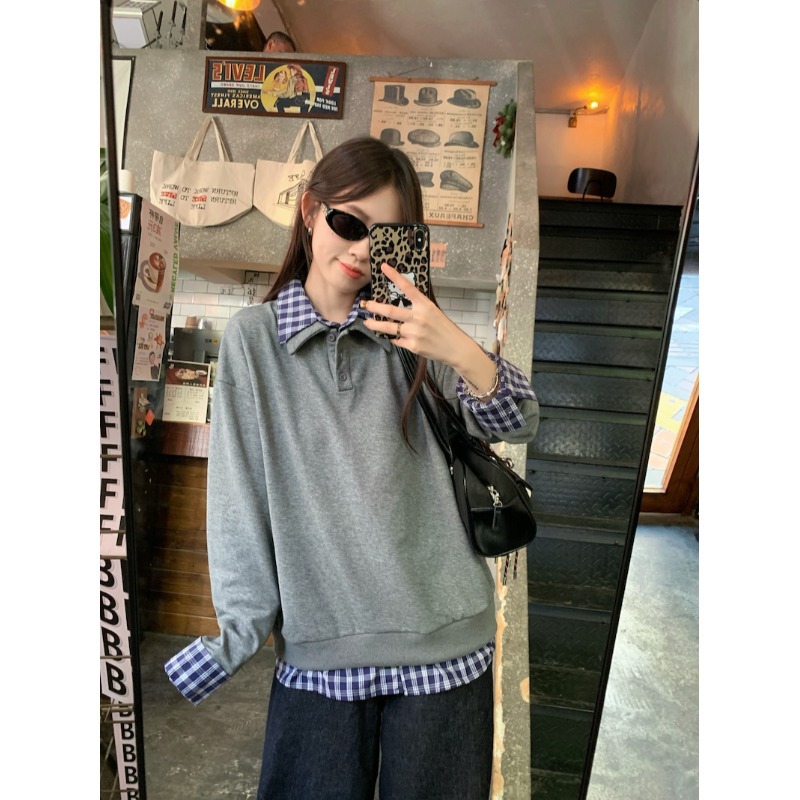 모닝 칼라 [원래 품질] 가짜 투피스 체크 스티칭 긴 소매 티셔츠 여성용 가을 느슨한 게으른 바람 옷깃