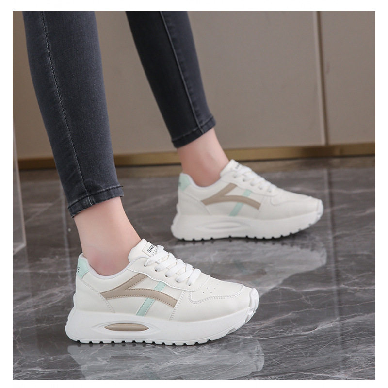 Giày sneaker nữ đế dày kiểu giày trắng cổ thấp, gót vừa 3–5 cm, dây buộc phía trước — Màu kaki be, Màu xanh be, Màu xám be