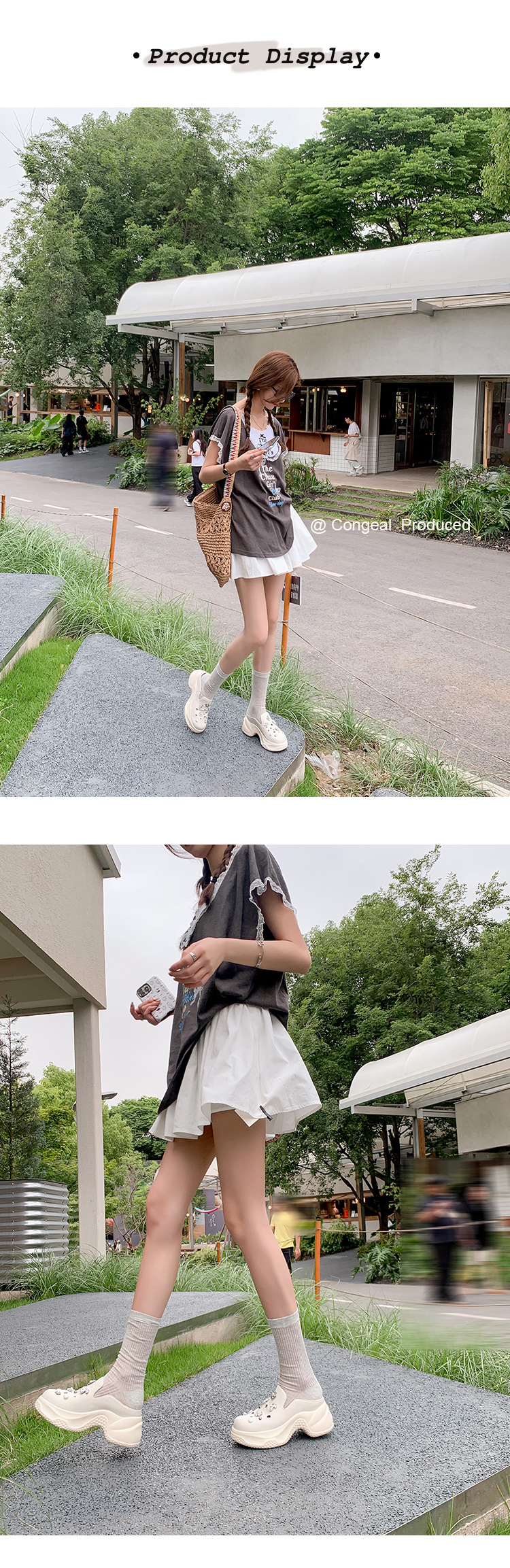 Dép lê bít mũi độn cao da thật 7cm cho nữ, phong cách sandal lỗ xốp mùa hè, đính ngọc trai đinh tán — Màu trắng, Màu xám chi tiết 7