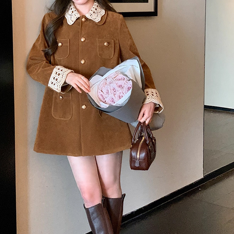 锦倩 MIU系复古翻领中长款麂皮/丝绒外套工装风衣女 美拉德穿搭潮|undefined