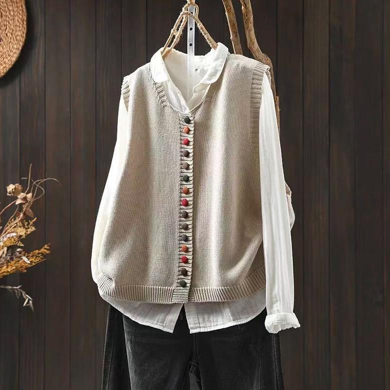 Colorful Button Cotton Knitted Vest Women's Loose Slimming Artistic Casual Stacked Sleeveless Waistcoat 2611 Colorful Button Cotton Knitted Vest Women's Loose Slimming Artistic Casual Stacked Sleeveless Waistcoat 2611