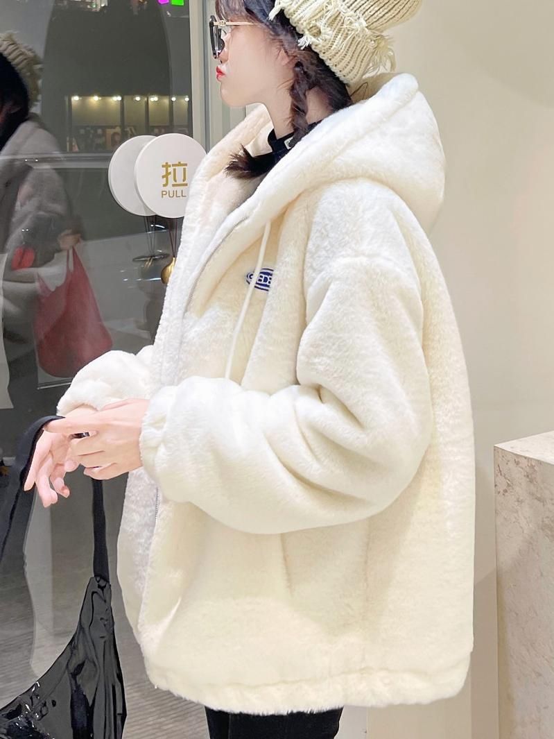 2022新款皮草冬季仿水貂绒外套短款女学生连帽加厚宽松羊羔绒大衣|ru